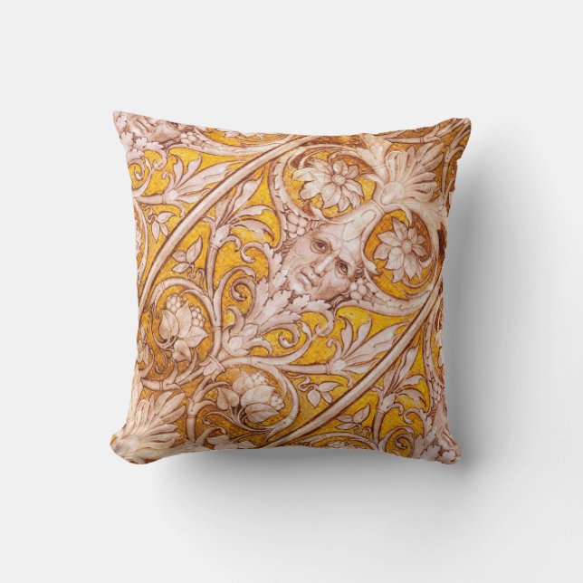 RENAISSANCE GROTESQUE FACE , GOLD WHITE FLORAL CUSHION (Front)