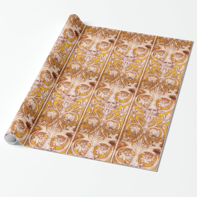 RENAISSANCE GROTESQUE FACE WITH GOLD WHITE FLORAL WRAPPING PAPER (Unrolled)