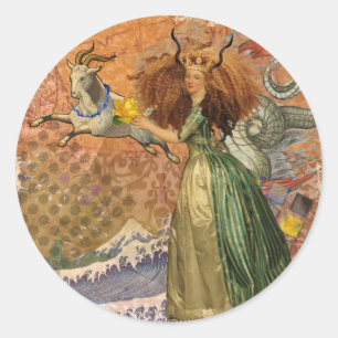 Renaissance Lady Capricorn Fantasy Vintage Zodiac Classic Round Sticker