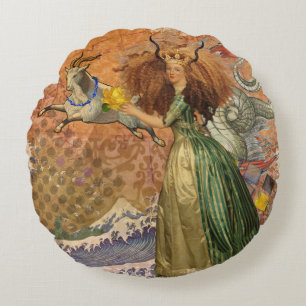 Renaissance Lady Capricorn Fantasy Vintage Zodiac Round Cushion