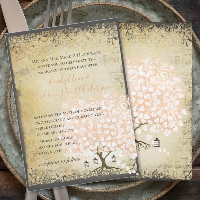 Renaissance Mediaeval Coral Heart Leaf Tree Weddin Invitation (Creator Uploaded)