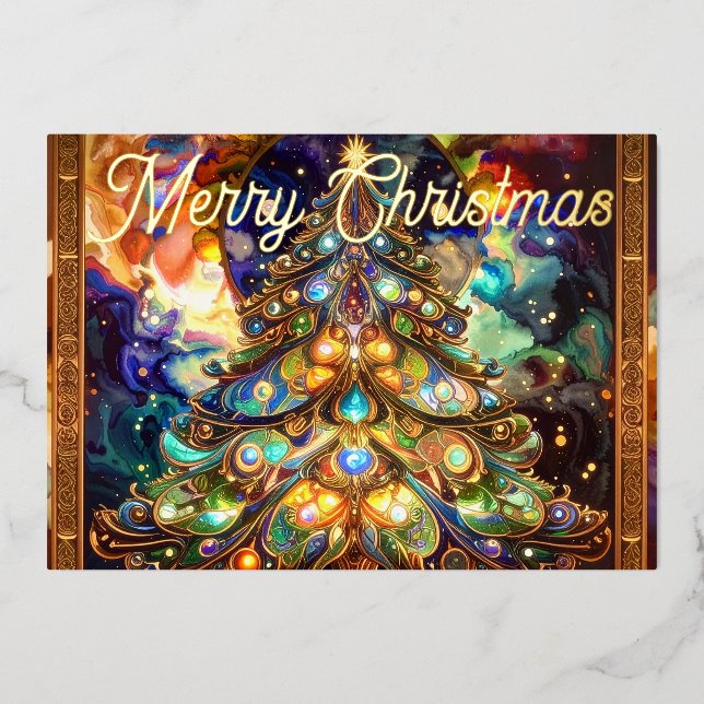Renaissance Merry Christmas Tree Gold Foil Foil Holiday Card (Front)