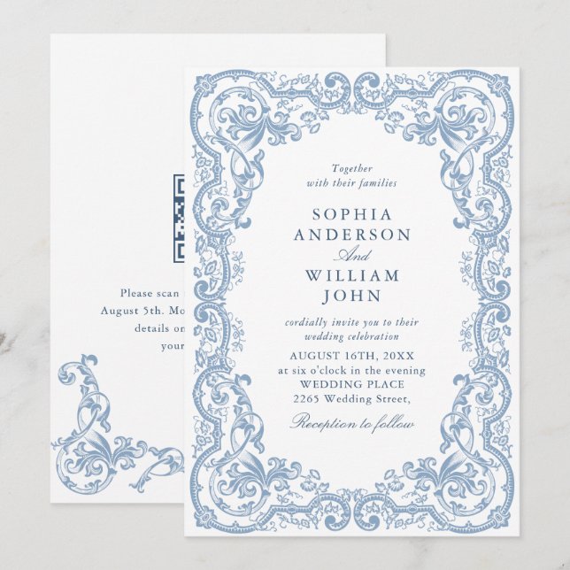 Renaissance Ornate Dust Blue Wedding QR code Invitation (Front/Back)