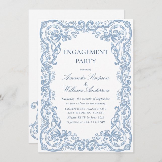Renaissance Ornate Dusty Blue ENGAGEMENT PARTY Invitation (Front/Back)