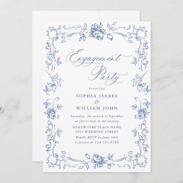 Renaissance Ornate Dusty Blue ENGAGEMENT PARTY Invitation (Front/Back)