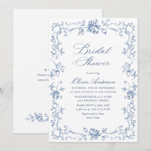 Renaissance Ornate Dusty Blue Floral Bridal Shower Invitation