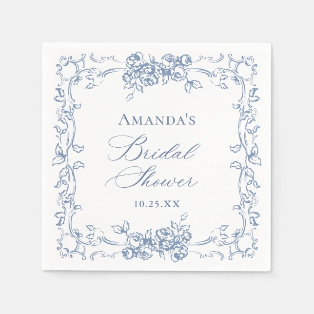 Renaissance Ornate Dusty Blue Floral Bridal Shower Napkin (Front)