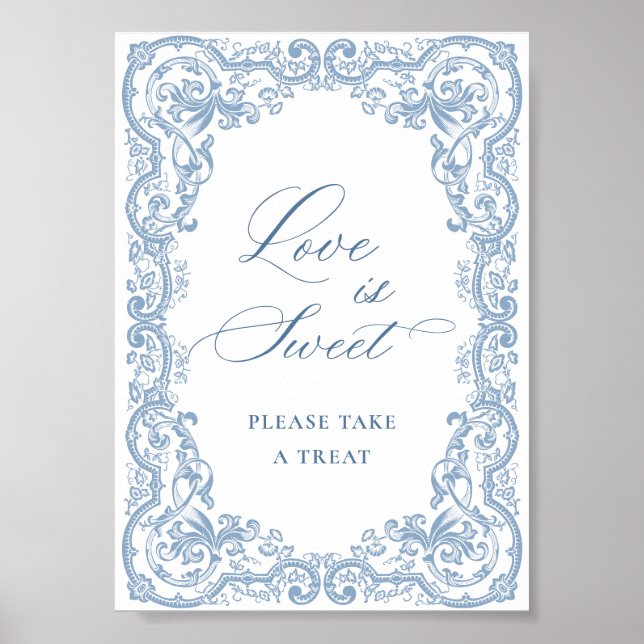 Renaissance Ornate Dusty Blue Floral Love is Sweet Poster (Front)