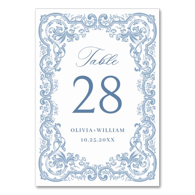 Renaissance Ornate Dusty Blue Floral Wedding Table Number (Front)