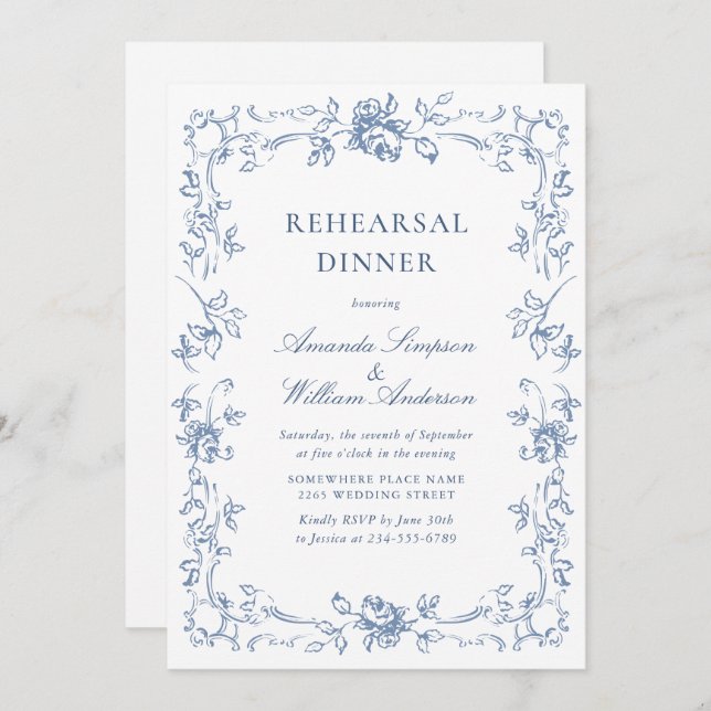 Renaissance Ornate Dusty Blue Rehearsal Dinner Invitation (Front/Back)