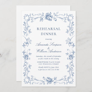 Renaissance Ornate Dusty Blue Rehearsal Dinner Invitation