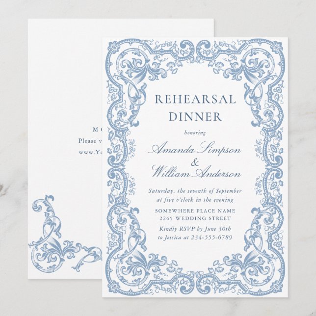 Renaissance Ornate Dusty Blue Rehearsal Dinner Invitation (Front/Back)