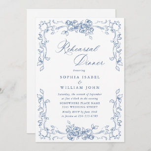 Renaissance Ornate Dusty Blue Rehearsal Dinner Invitation