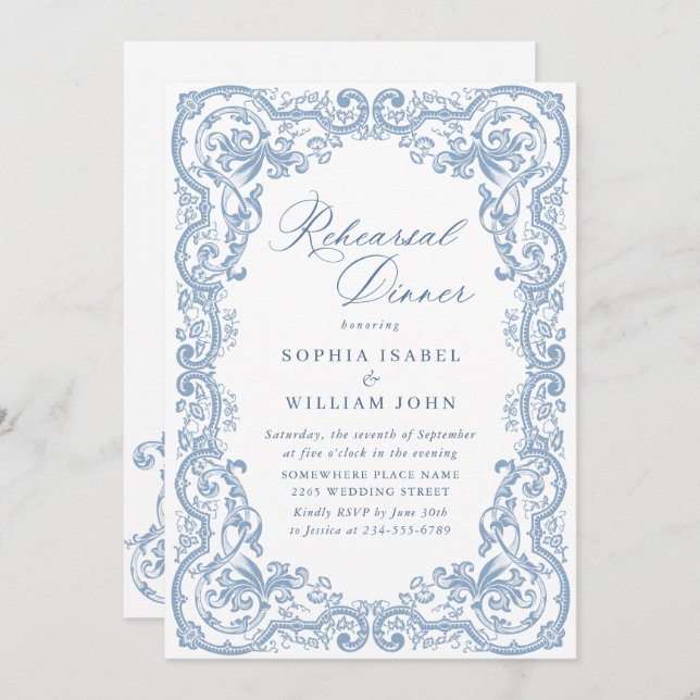 Renaissance Ornate Dusty Blue Rehearsal Dinner Invitation (Front/Back)