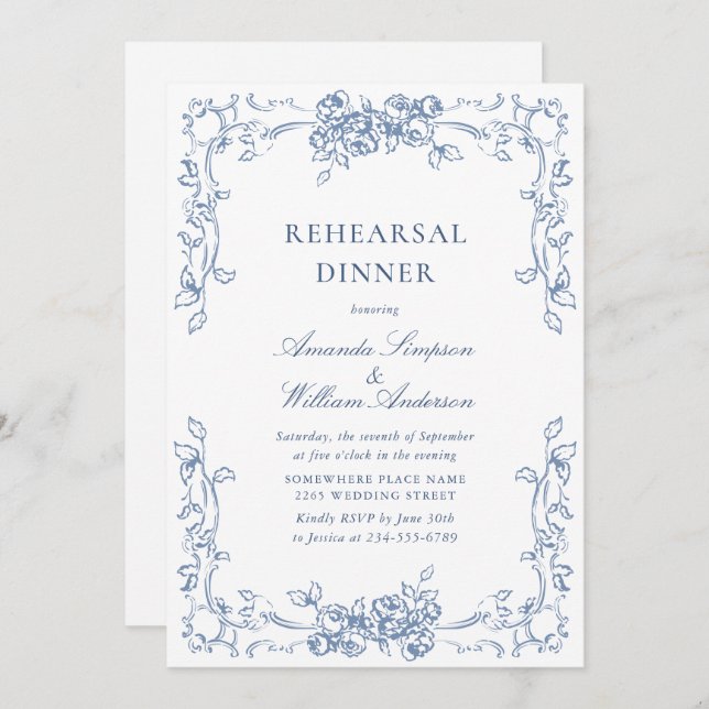 Renaissance Ornate Dusty Blue Rehearsal Dinner Invitation (Front/Back)
