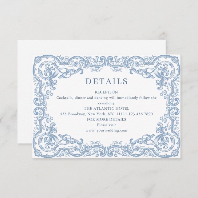 Renaissance Ornate Dusty Blue Wedding  Details Enclosure Card (Front/Back)