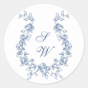 Renaissance Ornate Floral Dusty Blue Wedding Classic Round Sticker