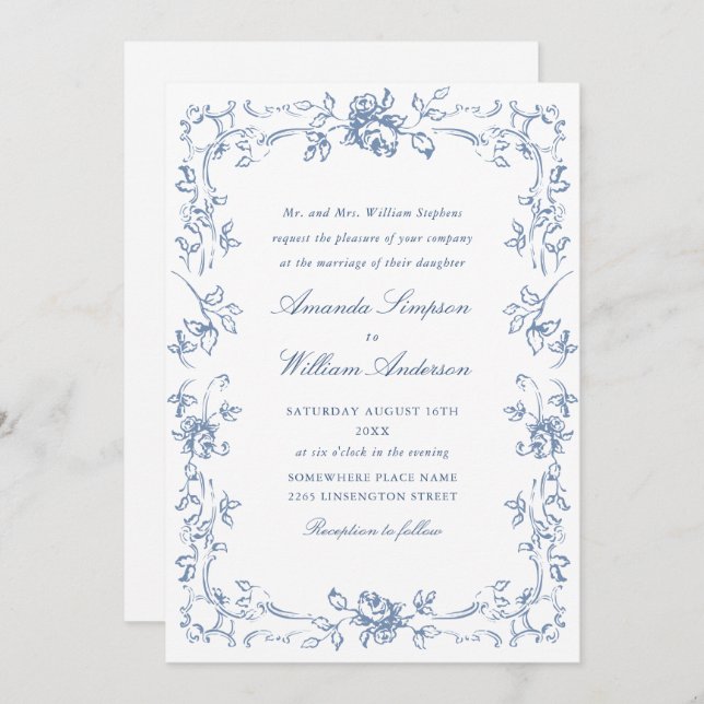 Renaissance Ornate Floral Dusty Blue Wedding Invitation (Front/Back)