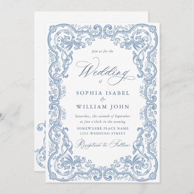 Renaissance Ornate Floral Dusty Blue Wedding Invitation (Front/Back)