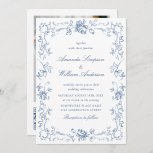 Renaissance Ornate Floral Dusty Blue Wedding Invitation