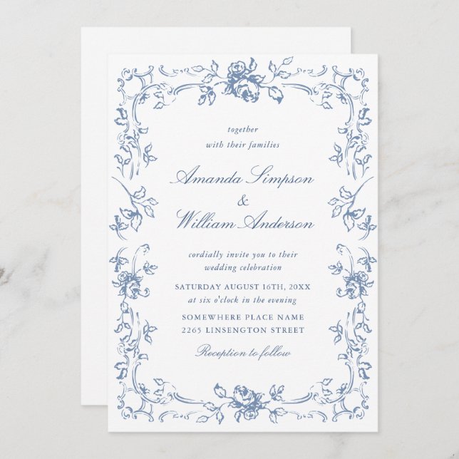 Renaissance Ornate Floral Dusty Blue Wedding Invitation (Front/Back)
