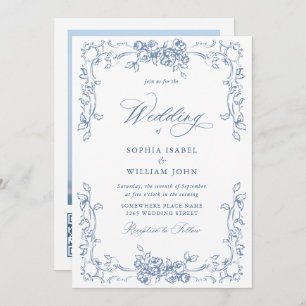 Renaissance Ornate Floral Dusty Blue Wedding Invitation