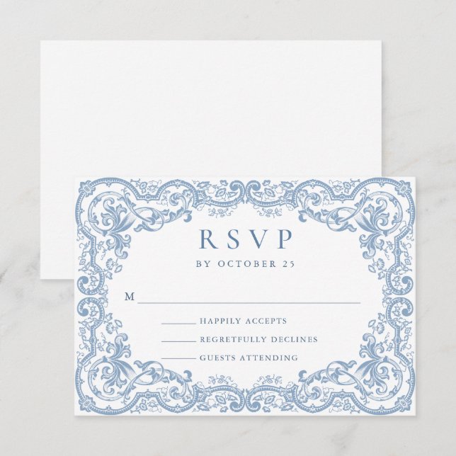 Renaissance Ornate Floral Dusty Blue Wedding RSVP Card (Front/Back)