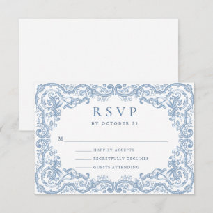 Renaissance Ornate Floral Dusty Blue Wedding RSVP Card