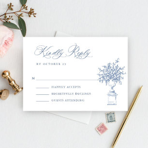 Renaissance Ornate Floral Dusty Blue Wedding RSVP Card