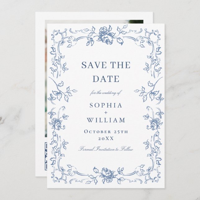 Renaissance Ornate Floral Dusty Blue Wedding Save The Date (Front/Back)