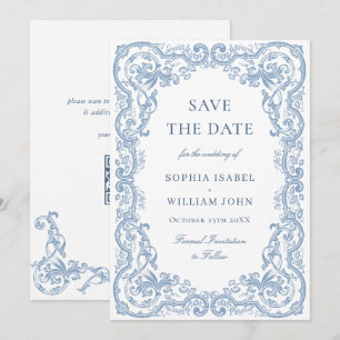 Renaissance Ornate Floral Dusty Blue Wedding Save The Date
