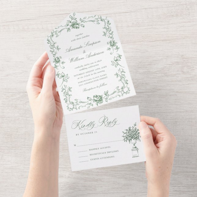 Renaissance Ornate Floral Sage Green Wedding All In One Invitation (Tearaway)