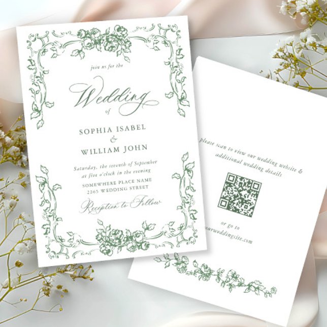 Renaissance Ornate Floral Sage Green Wedding Invitation (Creator Uploaded)