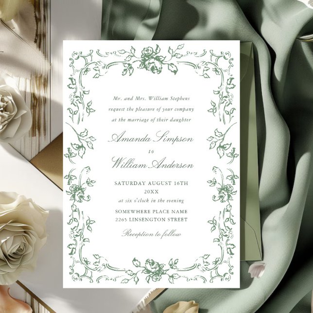 Renaissance Ornate Floral Sage Green Wedding Invitation (Creator Uploaded)