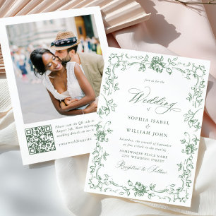Renaissance Ornate Floral Sage Green Wedding Invitation