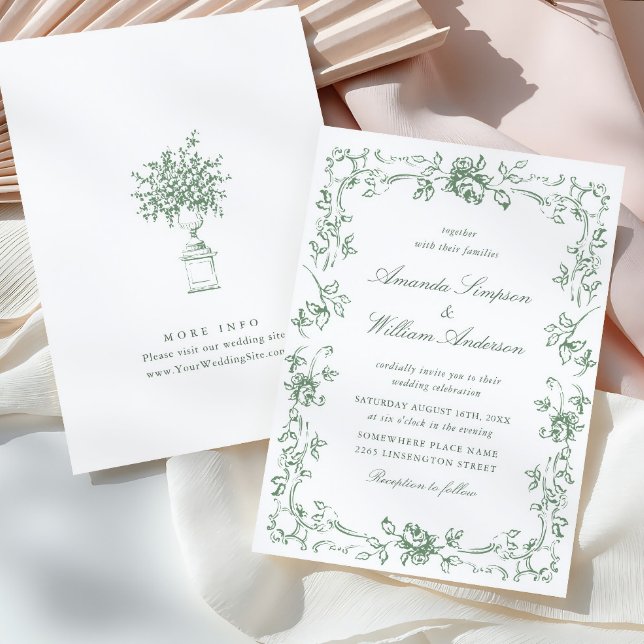 Renaissance Ornate Floral Sage Green Wedding Invitation (Creator Uploaded)