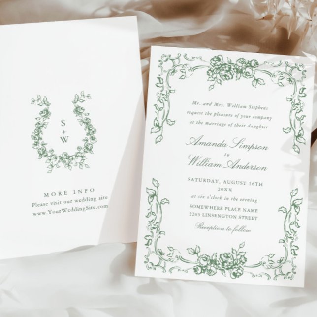 Renaissance Ornate Floral Sage Green Wedding Invitation (Creator Uploaded)
