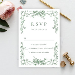 Renaissance Ornate Floral Sage Green Wedding RSVP Card