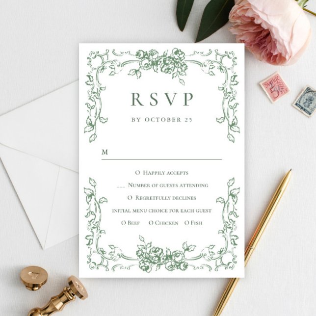 Renaissance Ornate Floral Sage Green Wedding RSVP Card (Creator Uploaded)