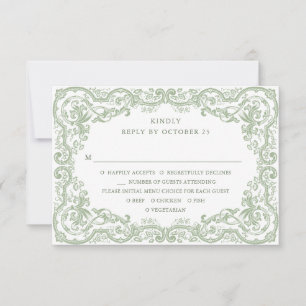 Renaissance Ornate Floral Sage Green Wedding RSVP Card