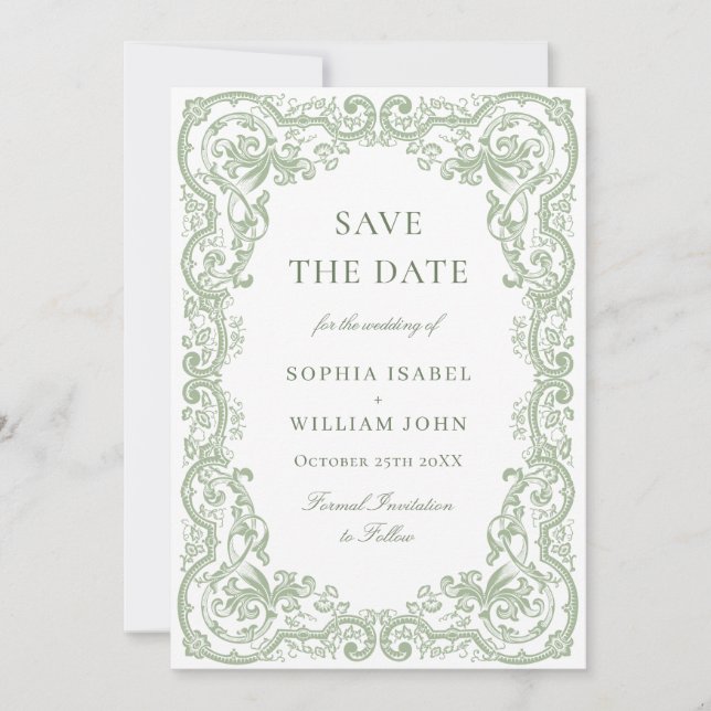 Renaissance Ornate Floral Sage Green Wedding Save The Date (Front)