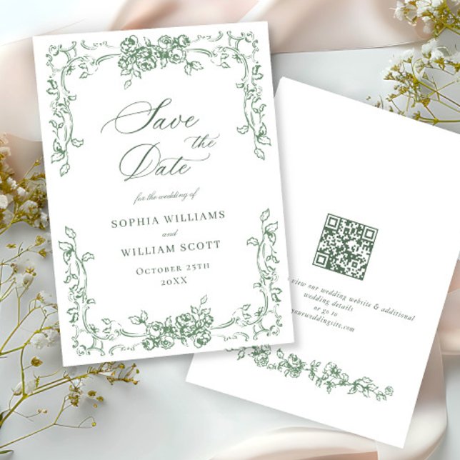 Renaissance Ornate Floral Sage Green Wedding Save The Date (Creator Uploaded)