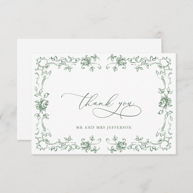 Renaissance Ornate Floral Sage Green Wedding Thank You Card (Front/Back)