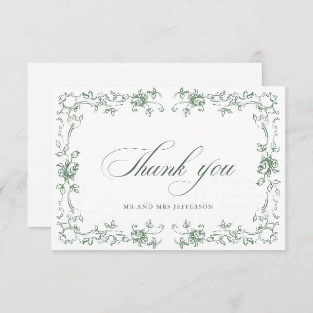 Renaissance Ornate Floral Sage Green Wedding Thank You Card (Front/Back)