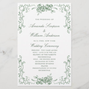 Renaissance Ornate Green Wedding Ceremony Program