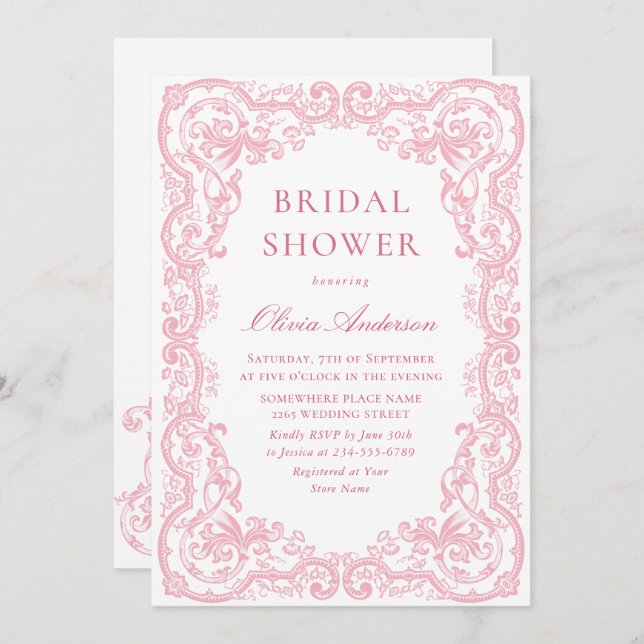 Renaissance Ornate Pink Blush Floral Bridal Shower Invitation (Front/Back)