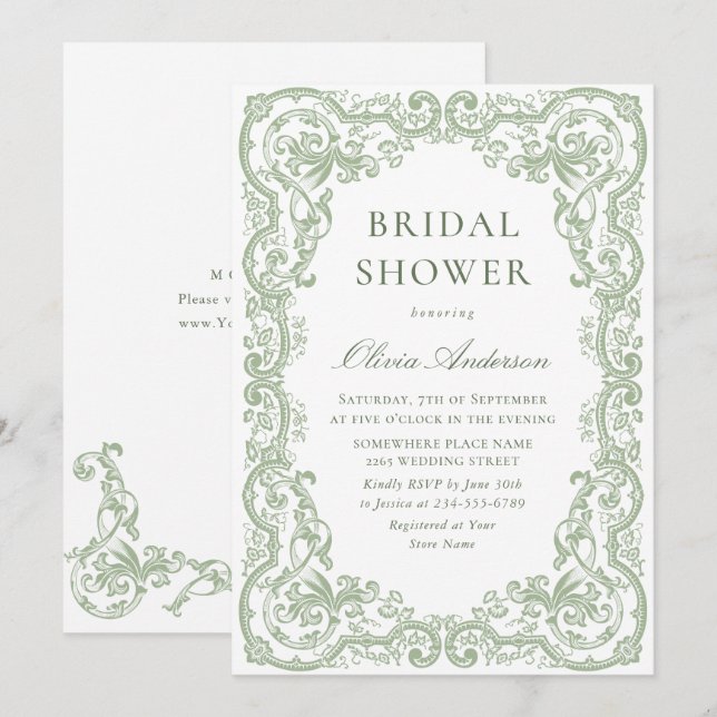 Renaissance Ornate Sage Green Floral Bridal Shower Invitation (Front/Back)