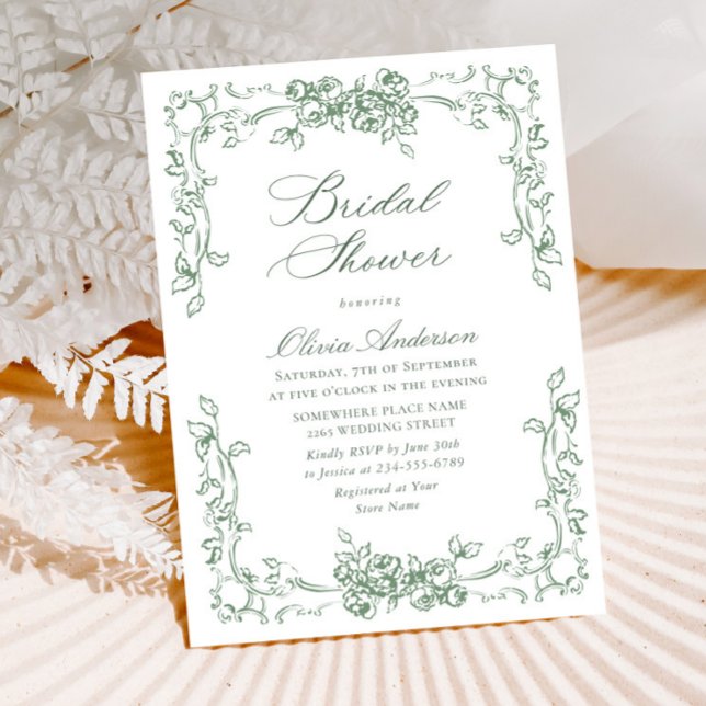 Renaissance Ornate Sage Green Floral Bridal Shower Invitation (Creator Uploaded)