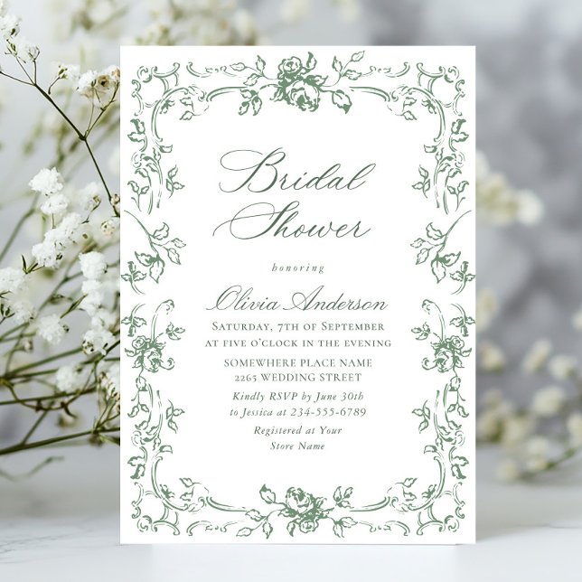 Renaissance Ornate Sage Green Floral Bridal Shower Invitation (Creator Uploaded)