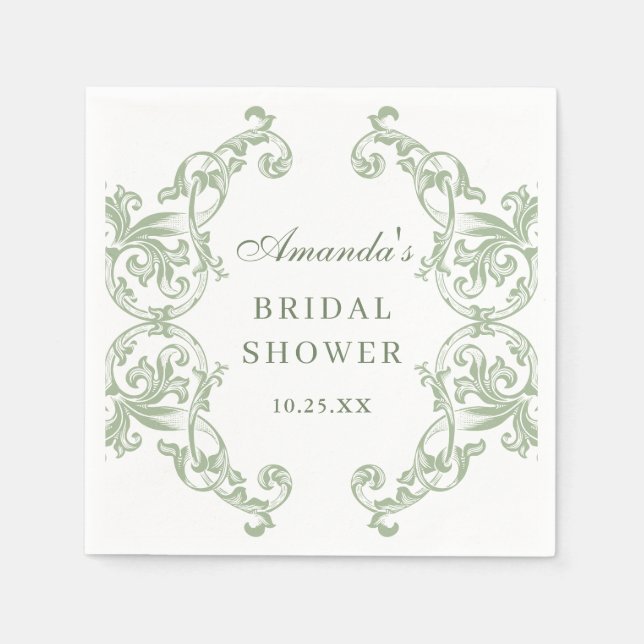 Renaissance Ornate Sage Green Floral Bridal Shower Napkin (Front)